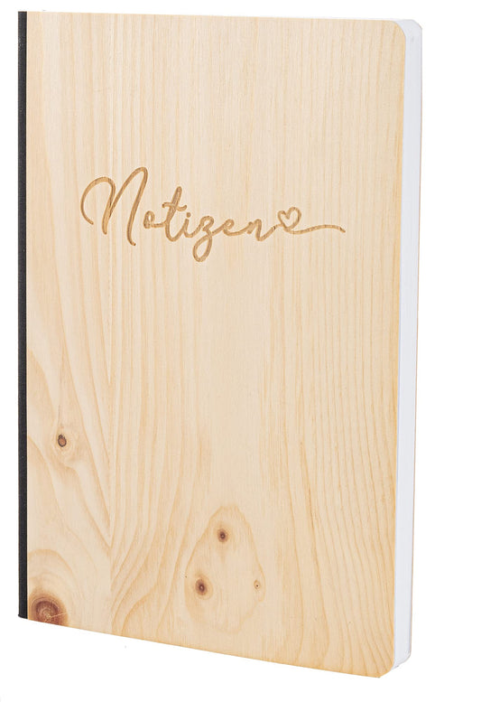 Notizbuch mit Holz Cover in A5 - NOTIZEN - Echtholz Notebook zum Reinschreiben Holzeinband 192 blanko Seiten 90g