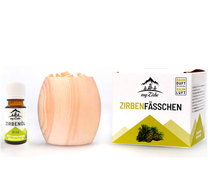 Zirbenfässchen - Zirbenholz Duftset mit Zirbenöl und Zirbenspänen in Geschenkverpackung die Alternative zum Zirbenwürfel